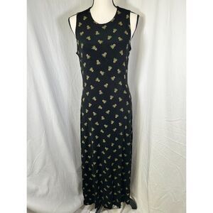 Vintage Pineapple Print Coldwater Creek black stretch Maxi Dress USA Made Sz M